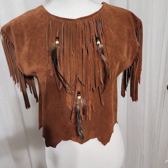 Vintage HB Leather Halter Western Top Feather Fringe Beads Made in USA - Picture 4 of 10
